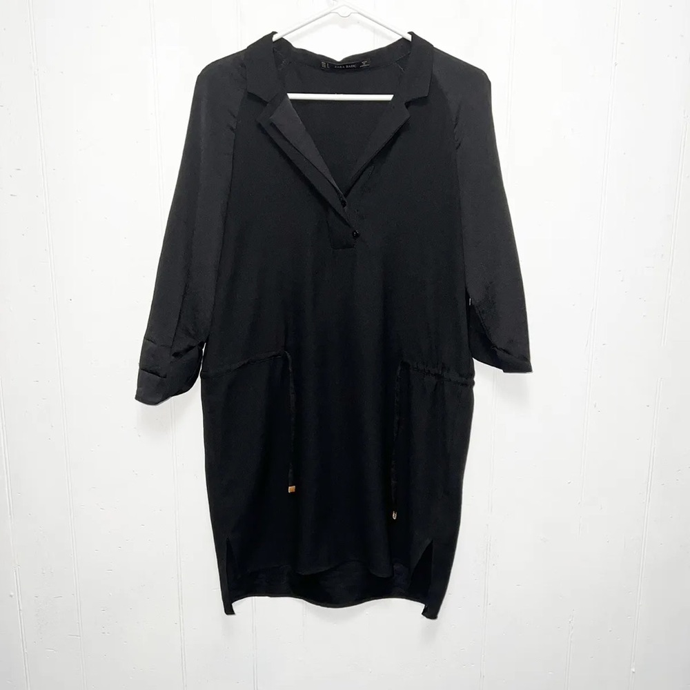 Amelia Black V-Neck Drawstring Waist Classic Shirt Dress Size M